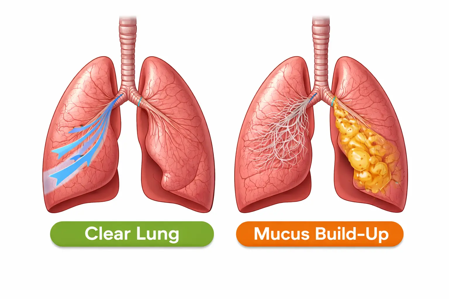 Comparison between a clear lung and mucus build-up showing how airflow becomes blocked inside the lungs