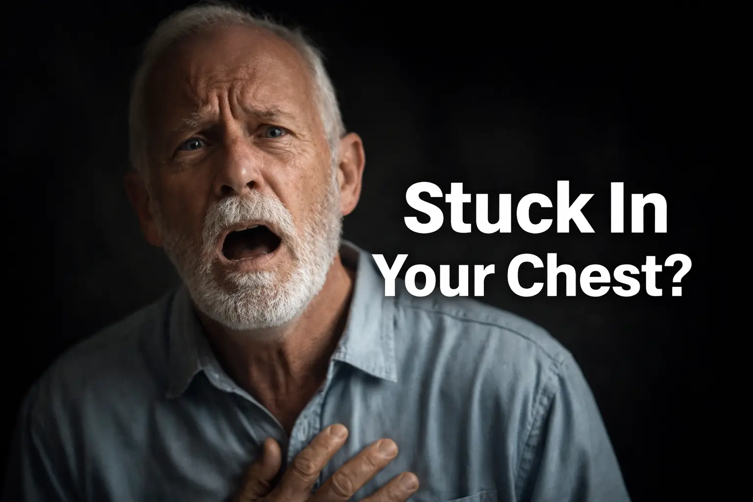 Older man holding his chest and struggling to breathe, showing signs of mucus buildup and chest congestion